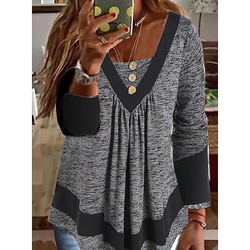 

Women's Plus Size Tops Blouse Shirt Color Block Button Long Sleeve V Neck Casual Daily Vacation Polyester Winter Fall Gray