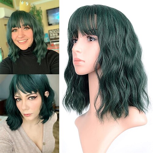 

Short Green Wigs With Air Bangs Shoulder Length Bob Wig For Women Curly Wavy Synthetic Christmas Party Wigs