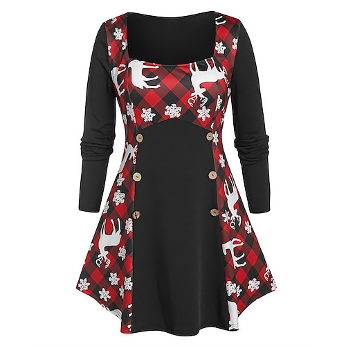 

Women's Christmas Swing Dress Print Dress Mini Dress Black Long Sleeve Print Button Print Winter Fall Square Neck Fashion Casual Romantic Fall Dress 2022 S M L XL 2XL / Winter Dress