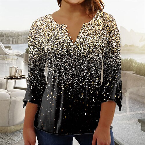 

Women's Plus Size Tops Blouse Shirt Color Gradient Button Print 3/4 Length Sleeve V Neck Casual Daily Vacation Cotton Spandex Jersey Winter Fall Blue Pink