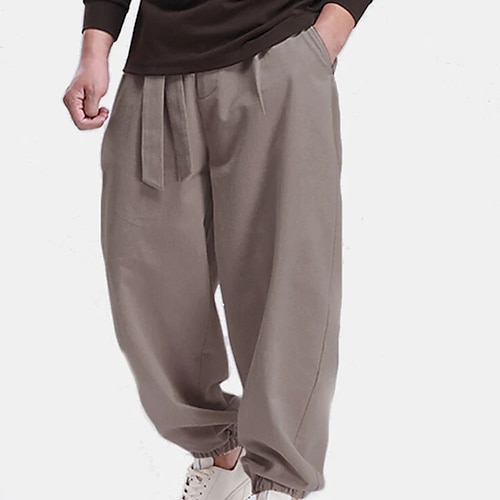 

Men's Joggers Trousers Casual Pants Pocket Drawstring Solid Color Comfort Breathable Full Length Daily Holiday Going out Linen / Cotton Blend Fashion Casual Coffee White Micro-elastic