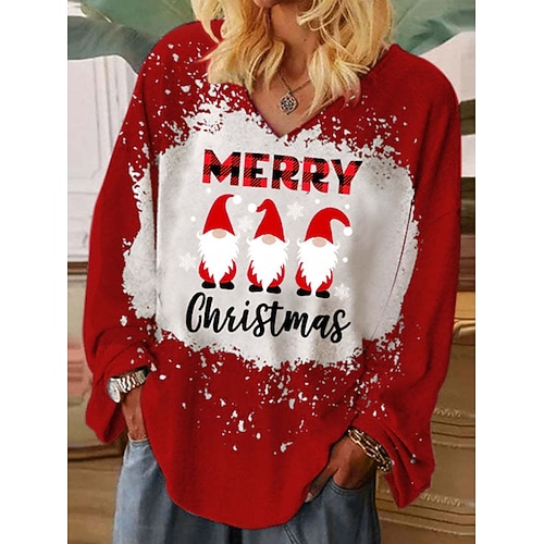 

Women's T shirt Tee Wine Red Graphic Santa's Helper Print Long Sleeve Christmas Weekend Basic V Neck Regular Painting S