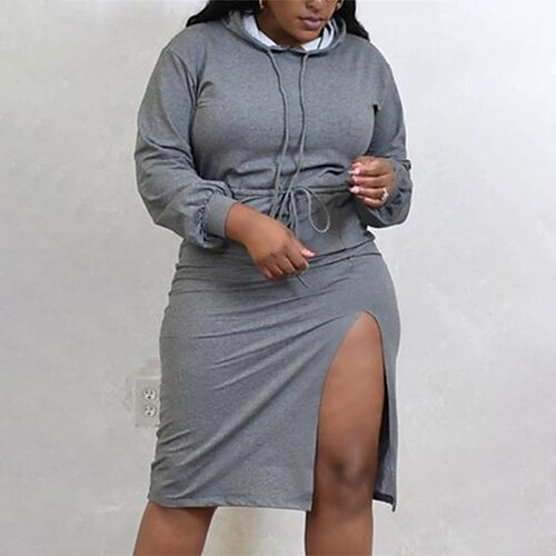 

Women's Plus Size Casual Dress Pure Color Hooded Long Sleeve Fall Winter Casual Knee Length Dress Causal Daily Dress / Hoodie Dress