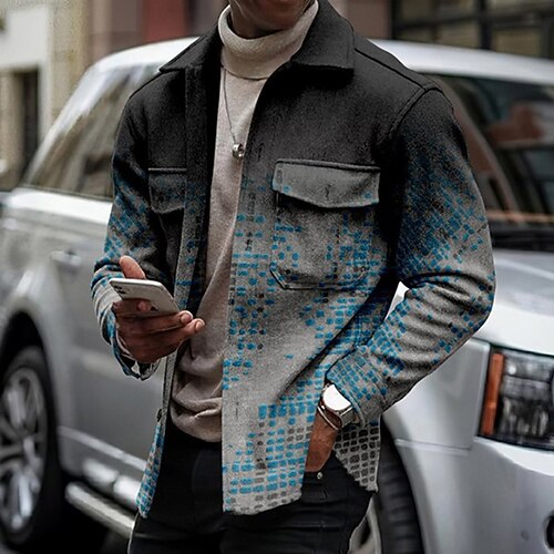 

Men's Jacket With Pockets Daily Wear Vacation Going out Single Breasted Turndown Streetwear Sport Casual Jacket Outerwear Geometry Front Pocket Print Blue
