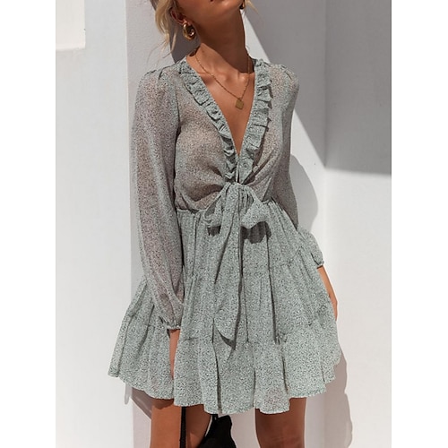 

Women's Casual Dress Shift Dress Floral Dress Light Green Long Sleeve Lace up Winter Fall Autumn V Neck Romantic Winter Dress Fall Dress 2022 S M L