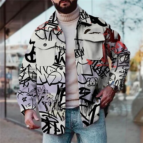 

Men's Coat Warm Sports & Outdoor Single Breasted Graphic Prints Graffiti 3D Printed Graphic Turndown Fashion Jacket Outerwear Long Sleeve Pocket Fall & Winter