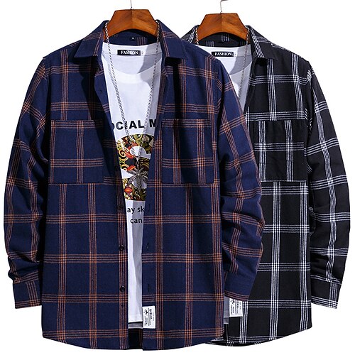 

Men's Shirt Tartan Turndown Black Blue Navy Blue Gray Outdoor Street Long Sleeve Button-Down Clothing Apparel Fashion Breathable Comfortable / Fall / Spring