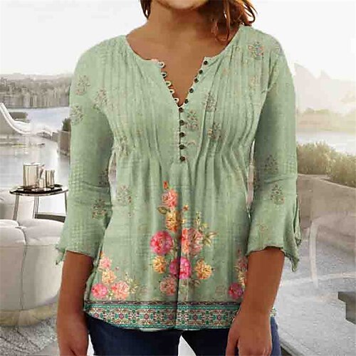 

Women's Plus Size Tops Blouse Shirt Floral Button Print 3/4 Length Sleeve V Neck Casual Daily Vacation Cotton Spandex Jersey Fall Winter Green Pink