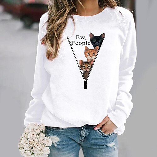 

Women's Sweatshirt Pullover Basic Green Blue Purple Cat Street Round Neck Long Sleeve S M L XL 2XL 3XL