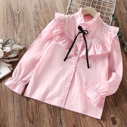 

Kids Girls' Blouse Long Sleeve Solid Color Ruffle Puff Sleeve Pink White Children Tops Spring Summer Cute Daily School Children' s Day Back to School Form Fit 7-13 Years