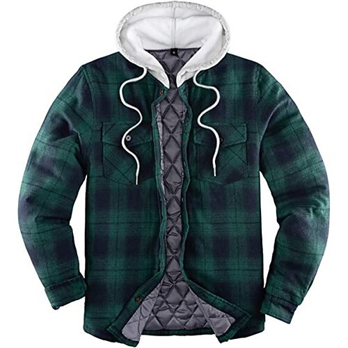 

Men's Puffer Jacket Winter Jacket Quilted Jacket Shirt Jacket Winter Coat Warm Casual Plaid / Check Outerwear Clothing Apparel Green Blue Yellow