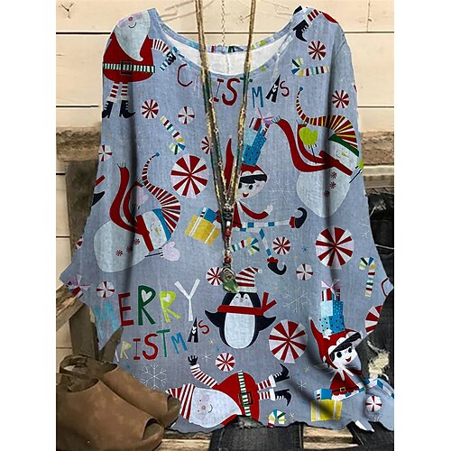 

Women's Plus Size Christmas Tops Blouse Shirt Deer Santa Claus Print Long Sleeve Crewneck Casual Daily Polyester Winter Fall Green Blue / Sunflower