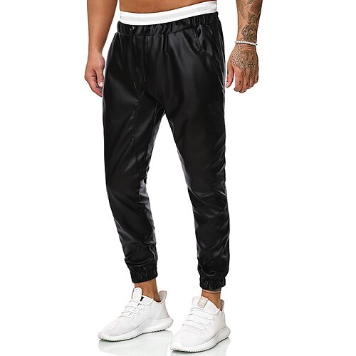 

Men's Skinny Trousers Casual Pants Faux Leather Pants Pocket Drawstring Elastic Waist Solid Color Comfort Breathable Full Length Daily Going out Streetwear PU Stylish Chic & Modern Black Micro-elastic