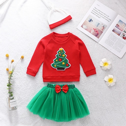 

Kids Girls' Christmas SkirtSet Clothing Set 2 Pieces Long Sleeve Red Cartoon Christmas Tree Vacation Casual Sweet 2-6 Years