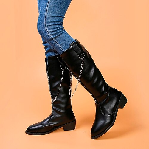 

Women's Boots Daily Knee High Boots Winter Rhinestone Block Heel Pointed Toe Classic Walking Shoes PU Leather Zipper Solid Colored Black