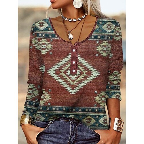 

Women's Shirt Dark Red Geometric Print Long Sleeve Casual Basic Ethnic Round Neck Regular S