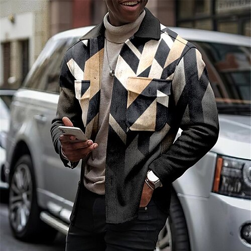 

Men's Jacket With Pockets Daily Wear Vacation Going out Single Breasted Turndown Streetwear Sport Casual Jacket Outerwear Color Block Geometry Front Pocket Print Gray