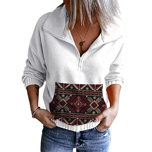 

Women's Sweatshirt Pullover Sherpa Fleece Teddy Zipper Front Pocket Wine Dark Blue Brown Geometric Tribal Street V Neck Long Sleeve Fleece S M L XL 2XL 3XL