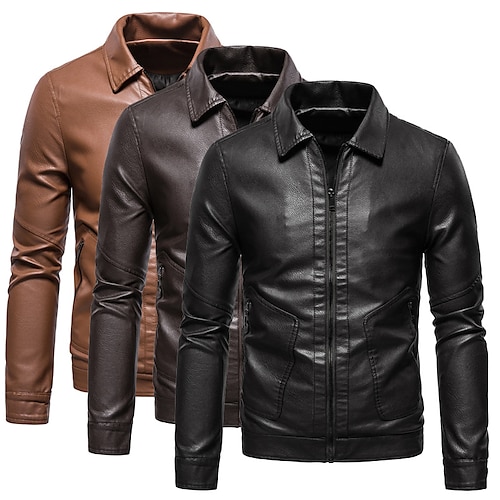 

Men's Leather Jacket Daily Wear Vacation Going out Zipper Lapel Warm Ups Comfort Zipper Front Jacket Outerwear Solid Color Zipper Pocket Brown Coffee Black / Winter