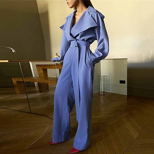 

Damen Jumpsuit Tasche Hohe Taillenlinie Feste Farbe Hemdkragen Elegant Formell Strasse Ausgehen Regular Fit Langarm Blau Khaki S M L Winter