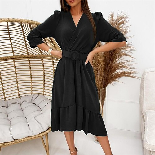 

Women's Casual Dress Black Dress Midi Dress Green Blue Pink Black Long Sleeve Pure Color Ruffle With Belt Winter Fall V Neck Stylish Modern Fall Dress 2022 S M L XL 2XL / Winter Dress