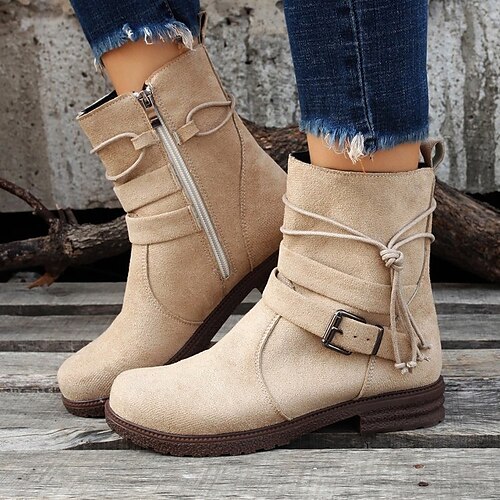 

Women's Boots Daily Plus Size Booties Ankle Boots Winter Low Heel Round Toe Casual PU Leather Loafer Solid Colored Camel Black Khaki