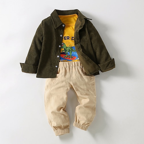 

3 Pieces Boys Shirt & Pants Outfit Cartoon Long Sleeve Pocket Cotton Set Cool Daily Winter Fall 3-7 Years Army Green