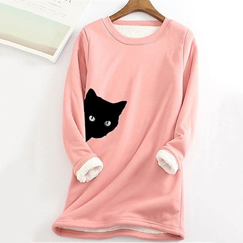 

Women's Plus Size Tops Fleece Pullover Sweatshirt Animal Cat Print Long Sleeve Casual Sherpa Fleece Daily Vacation Cotton Winter Fall Blue Pink