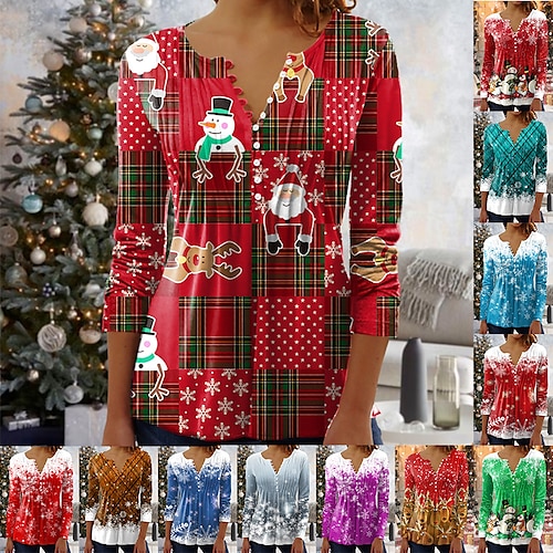 

Women's Blouse Shirt Maroon Wine Red Green Plaid Deer Button Print Long Sleeve Christmas Streetwear Casual Round Neck Regular S