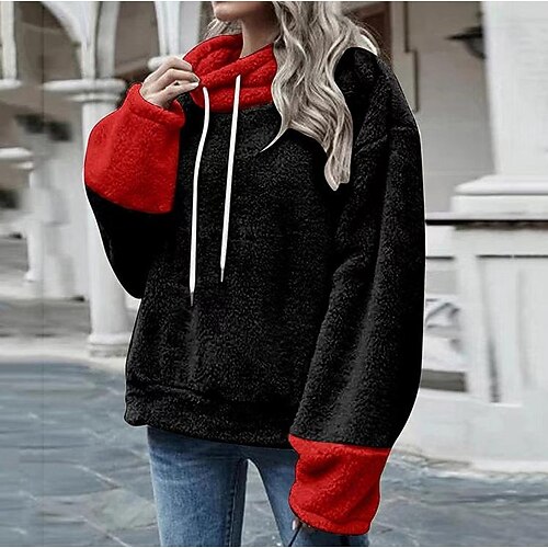 

Women's Hoodie Sweatshirt Pullover Sherpa Fleece Teddy Pink khaki Brown Color Block Loose Fit Street Hoodie Long Sleeve Fleece S M L XL 2XL