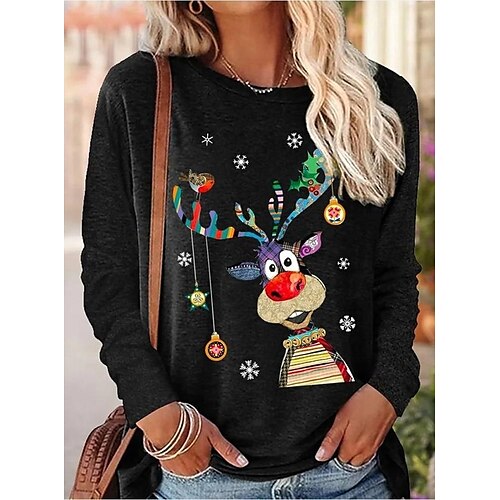 

Women's T shirt Tee Malachite Green Black Blue Reindeer Print Long Sleeve Christmas Weekend Basic Christmas Round Neck Regular Painting S