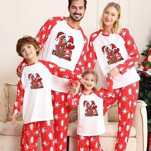 

Christmas Pajamas Family Set Ugly Letter Christmas Tree Home White Long Sleeve Mom Dad and Me Basic Matching Outfits