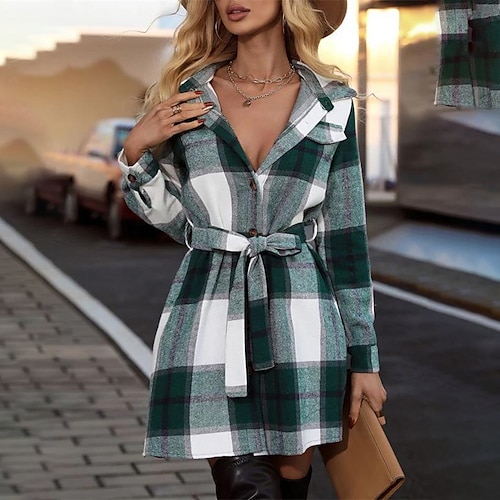 

Women's Winter Coat Windproof Warm Outdoor Street Daily Vacation Lace up Button Pocket Print Single Breasted Turndown Fashion Modern Street Style Plaid Regular Fit Outerwear Long Sleeve Winter Fall