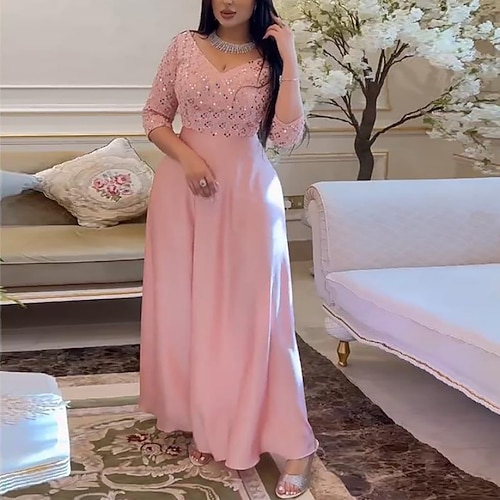 

Women's Party Dress Sequin Dress Long Dress Maxi Dress Pink Half Sleeve Pure Color Sequins Winter Fall Autumn V Neck Romantic Party Evening Party 2022 S M L XL 2XL