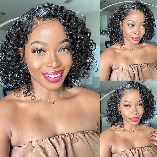 

Short Kinky Curly Human Hair wig Afro Short Pixie Cut Wig Human Hair Side Part 13x4x1 Lace Front Natural Brazilian Hair curly Wigs For Women