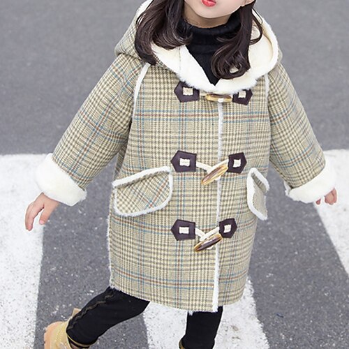 

Toddler Girls' Woolen Coat Plaid Fashion Outdoor Cotton Coat Outerwear 3-7 Years Winter Green khaki / Fall / Long