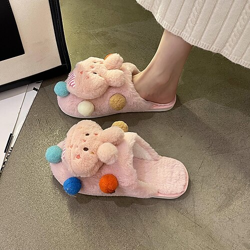 

Women's Slippers Home Fuzzy Slippers Fluffy Slippers Winter Flat Heel Round Toe Polyester Loafer Rosy Pink Beige Gray