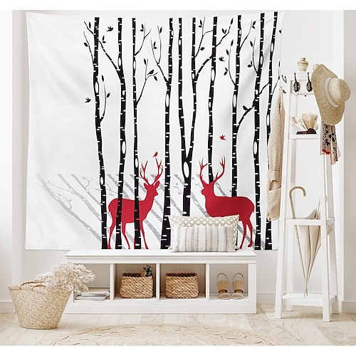 

Christmas Holiday Party Wall Tapestry Art Decor Blanket Curtain Picnic Tablecloth Hanging Home Bedroom Living Room Dorm Decoration Reindeer Birch Gift Polyester