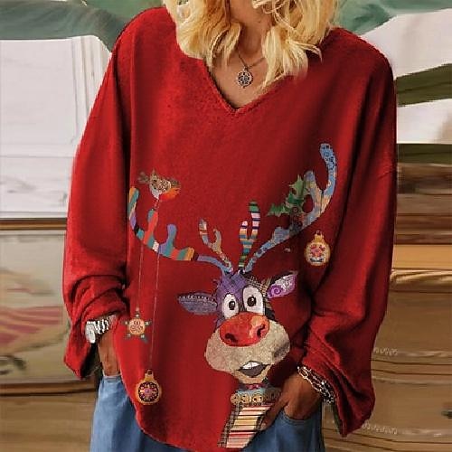 

Women's Shirt Green Black Yellow Deer Snowman Print Long Sleeve Christmas Casual Streetwear Christmas V Neck Regular S