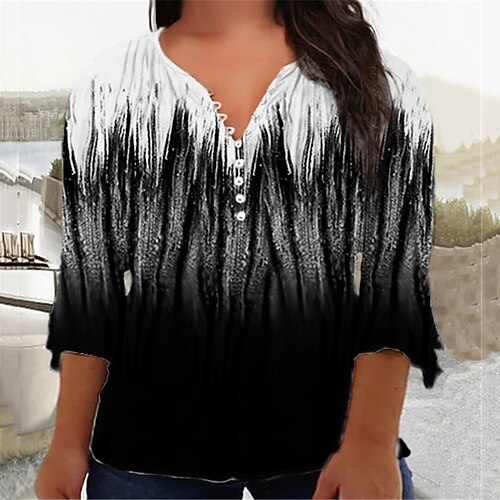 

Women's Plus Size Tops Blouse Shirt Geometry Button Print 3/4 Length Sleeve V Neck Casual Daily Vacation Cotton Spandex Jersey Winter Fall Red Black