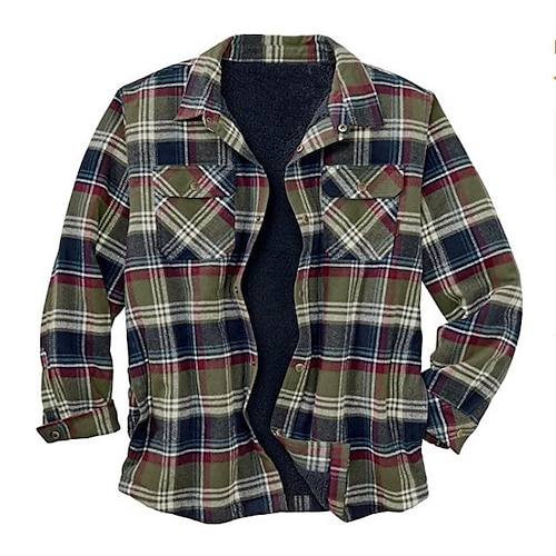

Men's Shirt Jacket Fleece Shirt Hoodie Jacket Warm Casual Jacket Outerwear Plaid / Check Green Blue Army Green Fall Winter
