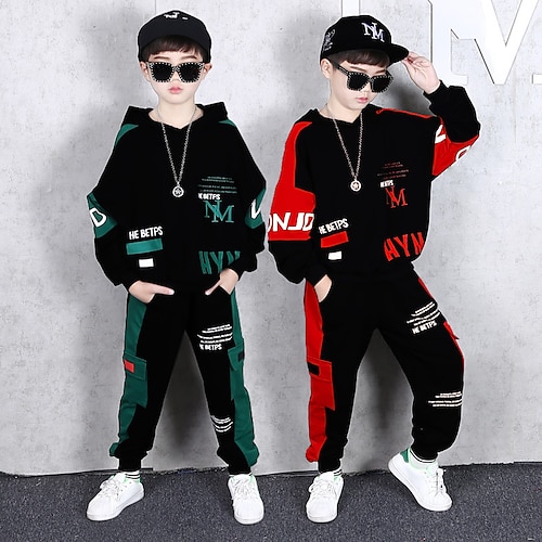 

2 Pieces Toddler Boys Hoodie & Pants Outfit Letter Long Sleeve Cotton Set Outdoor Fashion Daily Winter Fall 3-7 Years Green Red