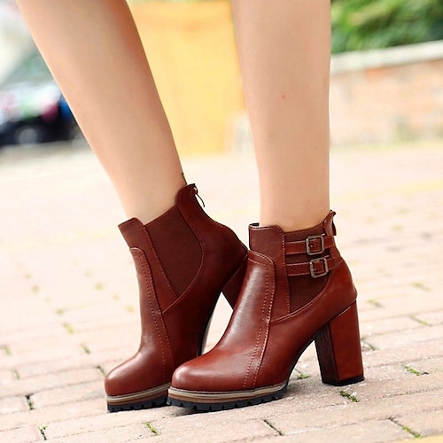

Women's Boots Daily Heel Boots Booties Ankle Boots Winter Chunky Heel Pointed Toe Casual Minimalism PU Leather Zipper Solid Colored Dark Brown Black