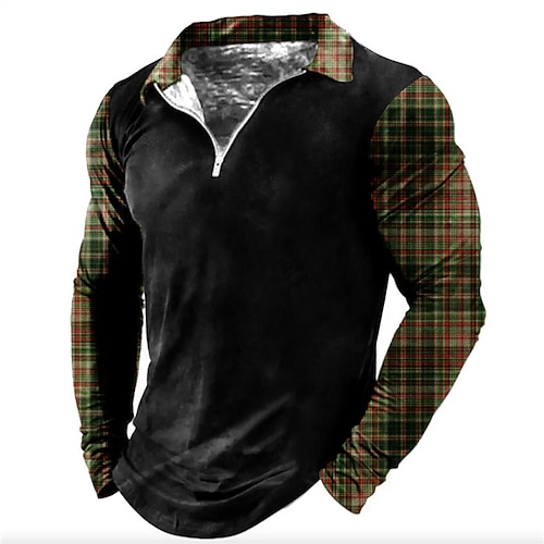 

Men's Collar Polo Shirt Golf Shirt Plaid Turndown Green Gray 3D Print Christmas Street Long Sleeve Zipper Print Clothing Apparel Fashion Designer Casual Breathable