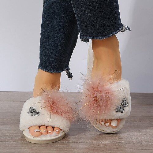 

Women's Slippers Daily Furry Feather Fuzzy Slippers Fluffy Slippers House Slippers Flat Heel Open Toe Casual Synthetics Loafer Solid Colored Green Rosy Pink Beige