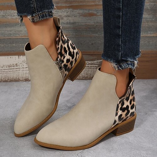 

Women's Boots Daily Plus Size Booties Ankle Boots Winter Block Heel Pointed Toe Casual Minimalism PU Leather Zipper Leopard Khaki Beige