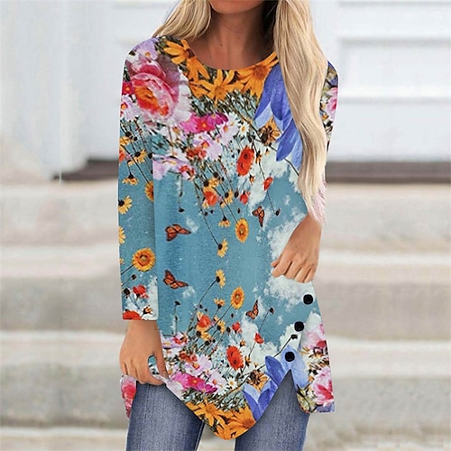 

Women's Hoodie Dress Winter Dress Blue Dark Blue Rainbow Light Blue Long Sleeve Floral Print Winter Fall Crew Neck Stylish Casual Fall Dress Loose Fit 2022 S M L XL 2XL / T Shirt Dress Tee Dress