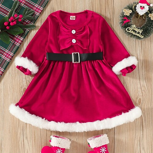 

Kids Girls' Christmas Dress Solid Color A Line Dress Dress Performance Long Sleeve Active Dress 3-7 Years Winter Red