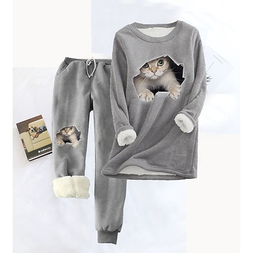 

Women's Plus Size Pajamas Sets Animal Cat Fashion Comfort Soft Home Christmas Carnival Polyester Warm Gift Crew Neck Long Sleeve Hoodie Pant Winter Fall Red Gray / Fleece / Grid / Plaid