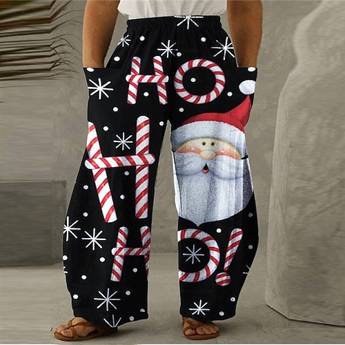 

Women's Plus Size Christmas Chinos Pants Trousers Pocket Print Letter Santa Claus Snowman Casual Casual High Full Length Winter Fall Black White L XL XXL 3XL 4XL